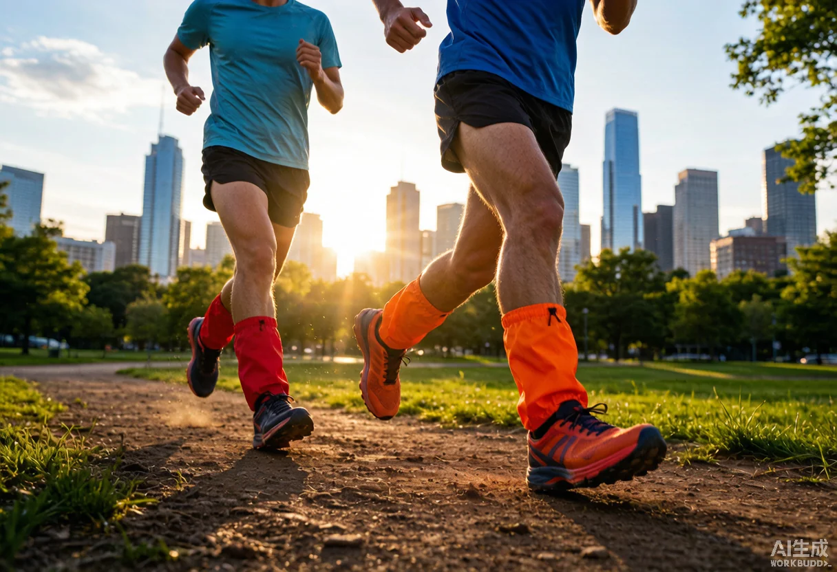 Trail runners in urban park at sunrise