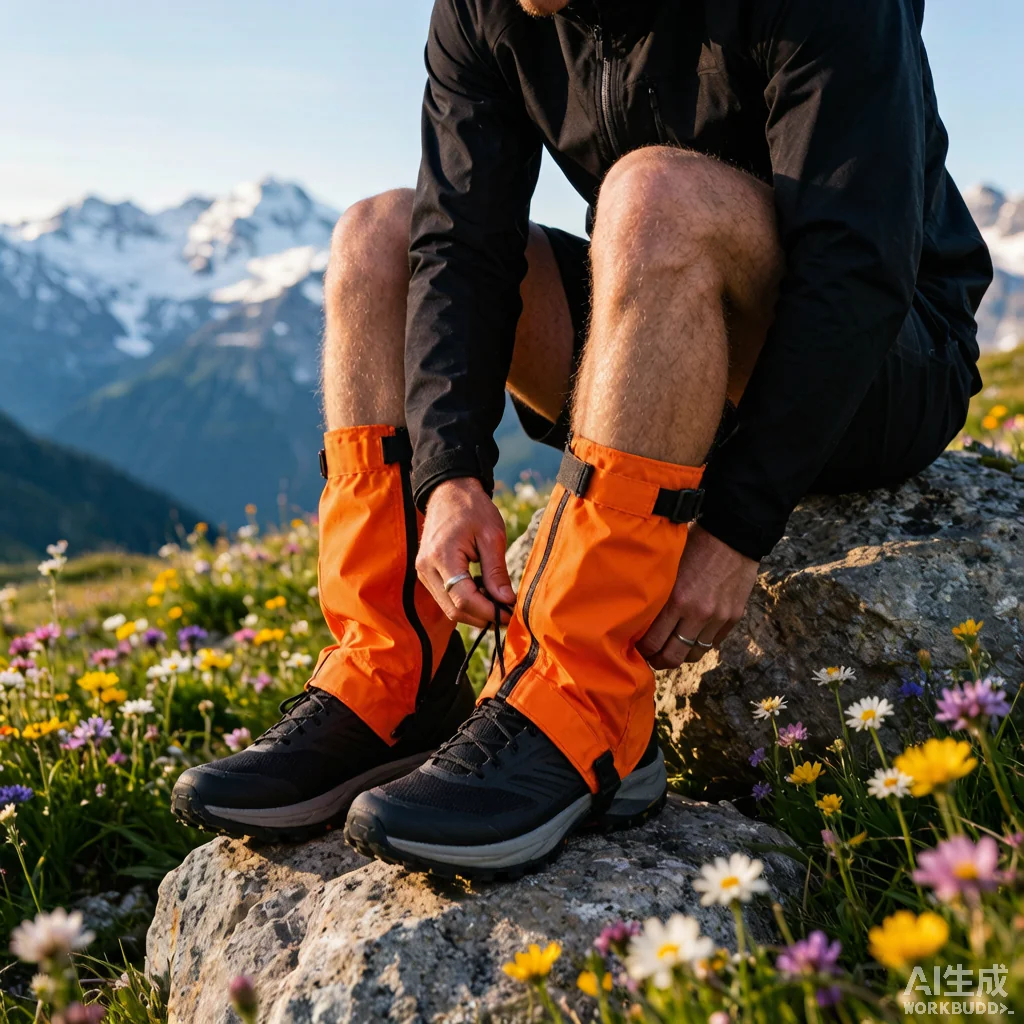 Runner tying shoe in alpine meadow