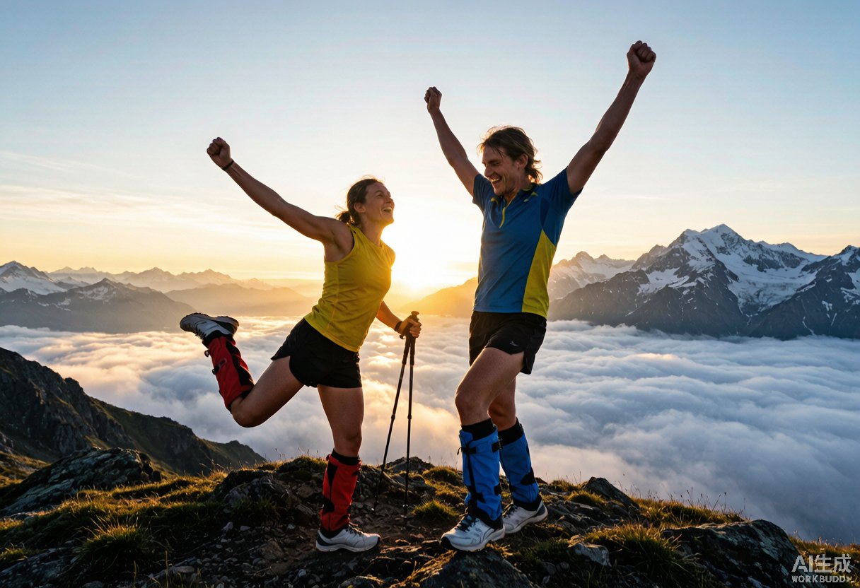 Trail runners celebrating on summit